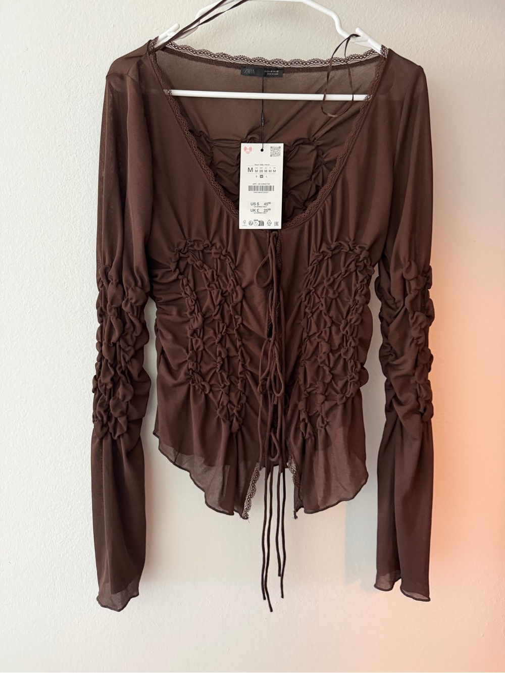 NWT Zara Brown Sheer Ruched Tie-Front Blouse